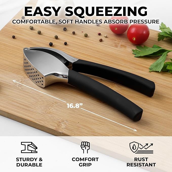 Zulay Kitchen Comfort Grip Garlic Press - Garlic Mincer Tool - Garlic Crusher - Garlic Press Mincer Rust Proof, with Soft Ergonomic Handle, Easy Clean Set with Peeler and Brush