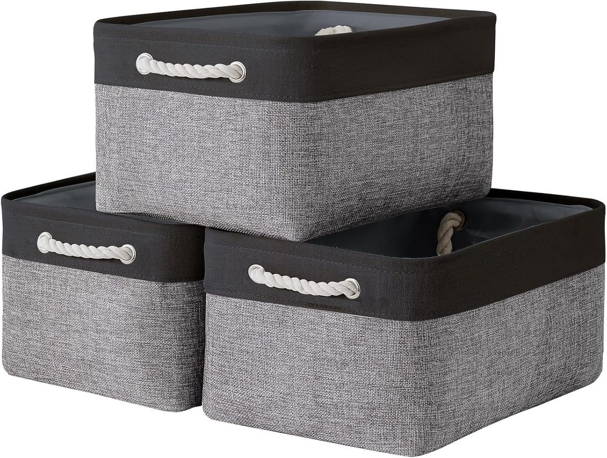 TheWarmHome Collapsible Storage Bin for Shelves - 16x12x8 inch Large 3 Pack Storage Basket for Organizing with Rope, Fabric Storage Cubes for Organizer Toy Cloth Gift Closet (Black & Grey)