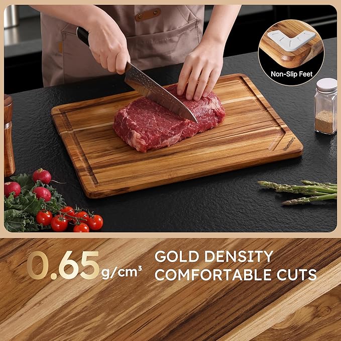 17'' Teak Wood Cutting Board for Kitchen Non Slip Charcuterie Board Serving Heavy Duty Non Toxic Wooden Chopping Board Thick Haus Edge Grain Wood, Knife Friendly Housewarming Gifts - FSC Certified