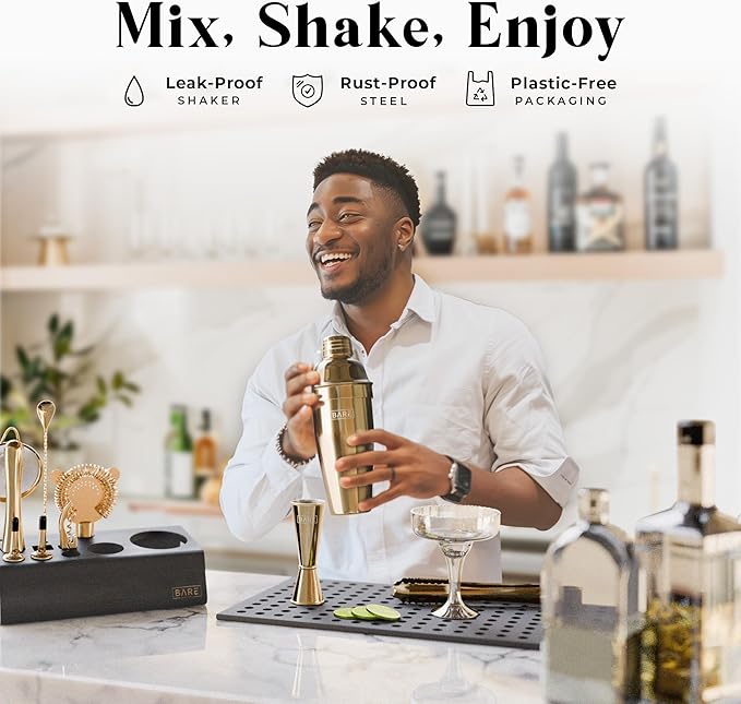 BARE BARREL® Mixology Bartender Kit Bar Set | 14-Piece Cocktail Shaker Set | Martini Barware Mixing Tools for Home Bartending | Incl. 35 Recipe Cards | Gift Set (24oz Cobbler Shaker, Gold/Black)