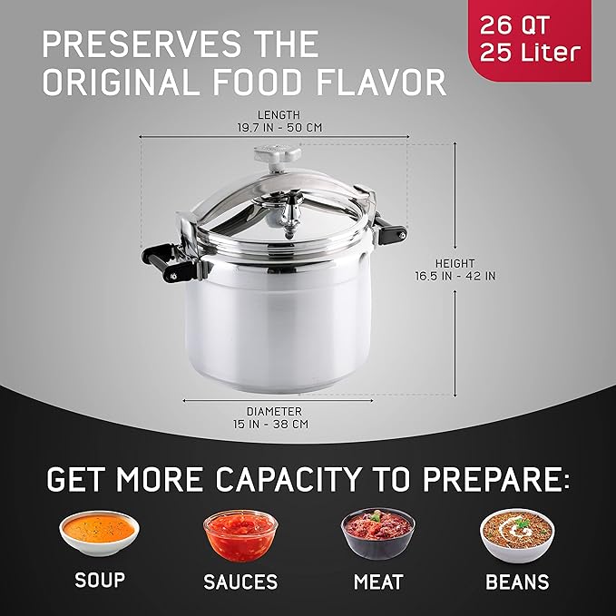 Universal (Large) 26-Quart Aluminum Pressure Cooker for Professional Use – Commercial-Grade, 1 Safety Valve, Reinforced Handles, Easy-Open Lid, – Ideal for Large Kitchens, and Restaurants