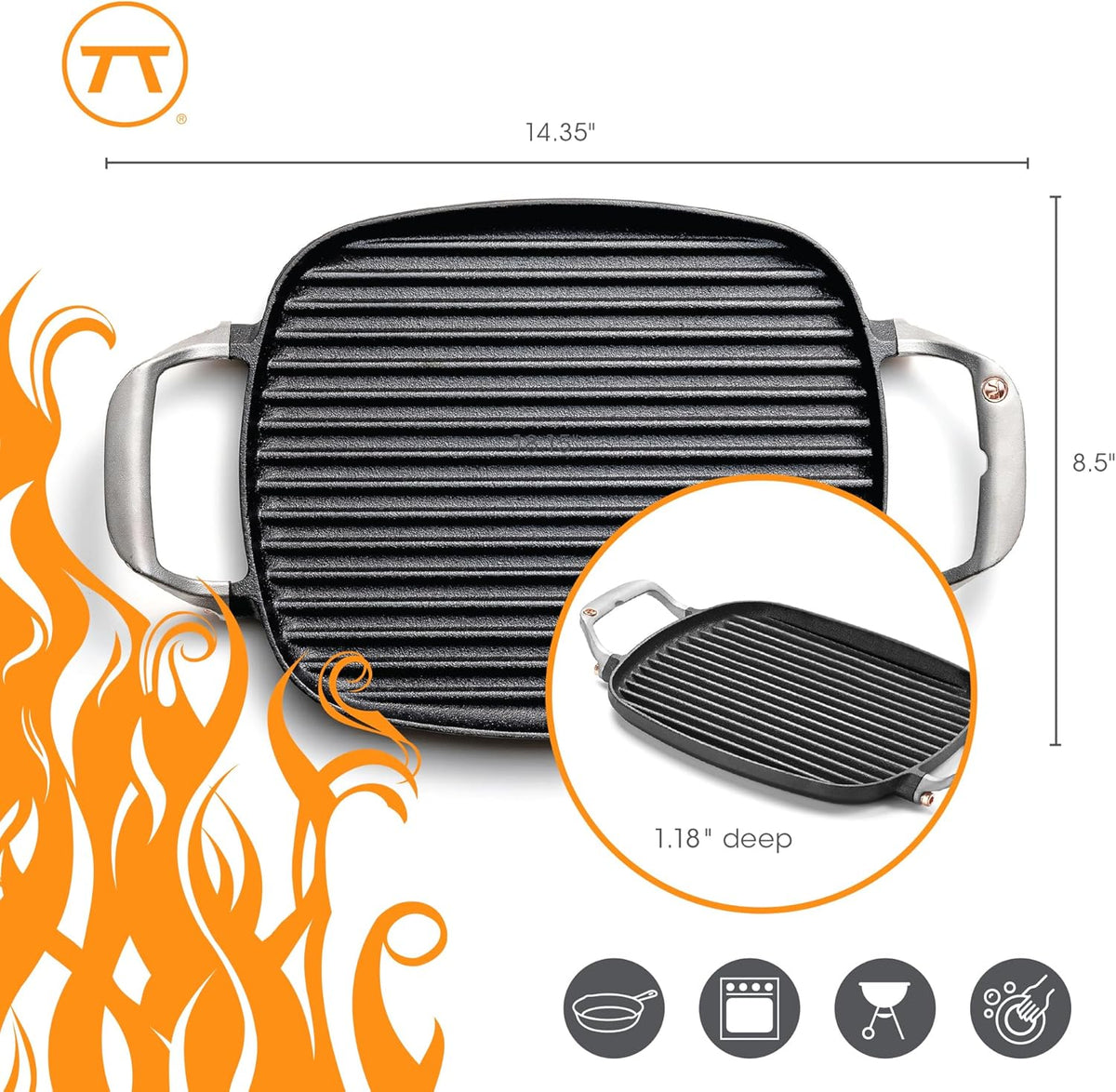 Outset Cast Iron Grill Pan With Ridges 8.5” x 14.25” x 1.5”