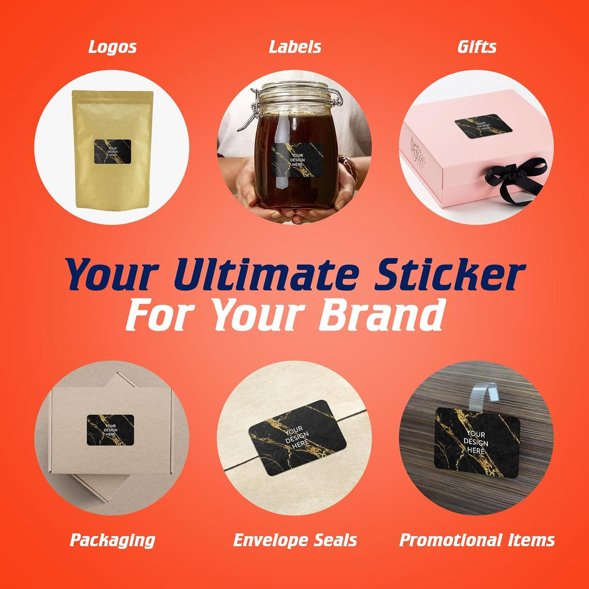 100 Custom Vinyl Stickers - Upload Your own Image, Text, Design, Logo - Personalized Logo Labels for Handmade, Packaging, Bottle, Jars, Candle, Brand Stickers (Black Gold Marble, 6x4)