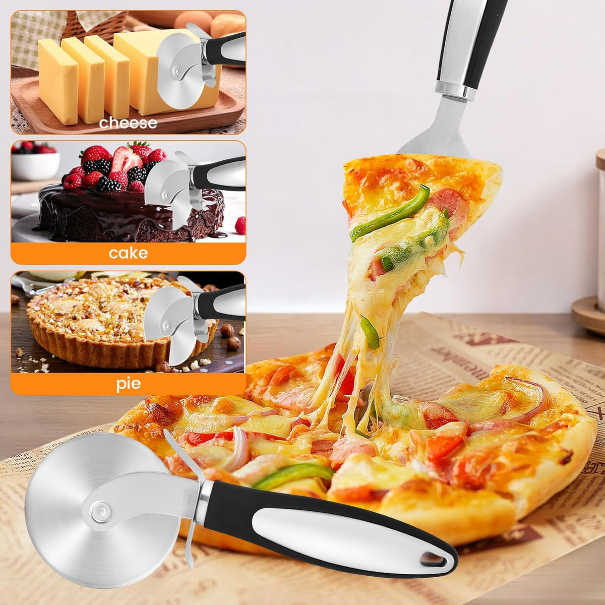 SVNR Classic Pizza Cutter Set, Stainless Steel 8.5" Pizza Cutter Wheel and 10.5" Pie Server Set, 2PCS Pizza Wheel Cutter & Pie Server for Cutting and Serving Pizza