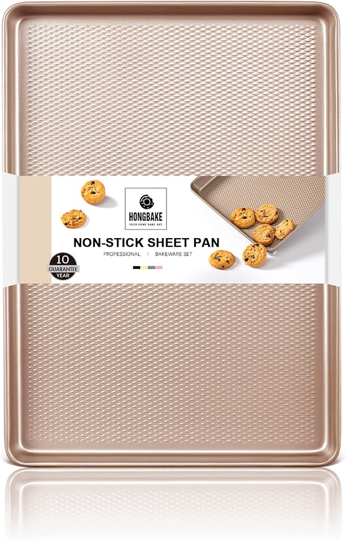 Half Cookie Sheet Pan for Baking - HONGBAKE Nonstick Baking Sheet with Diamond Texture Surface, 57% Thicker Carbon Steel Commercial Cookie Trays for Oven