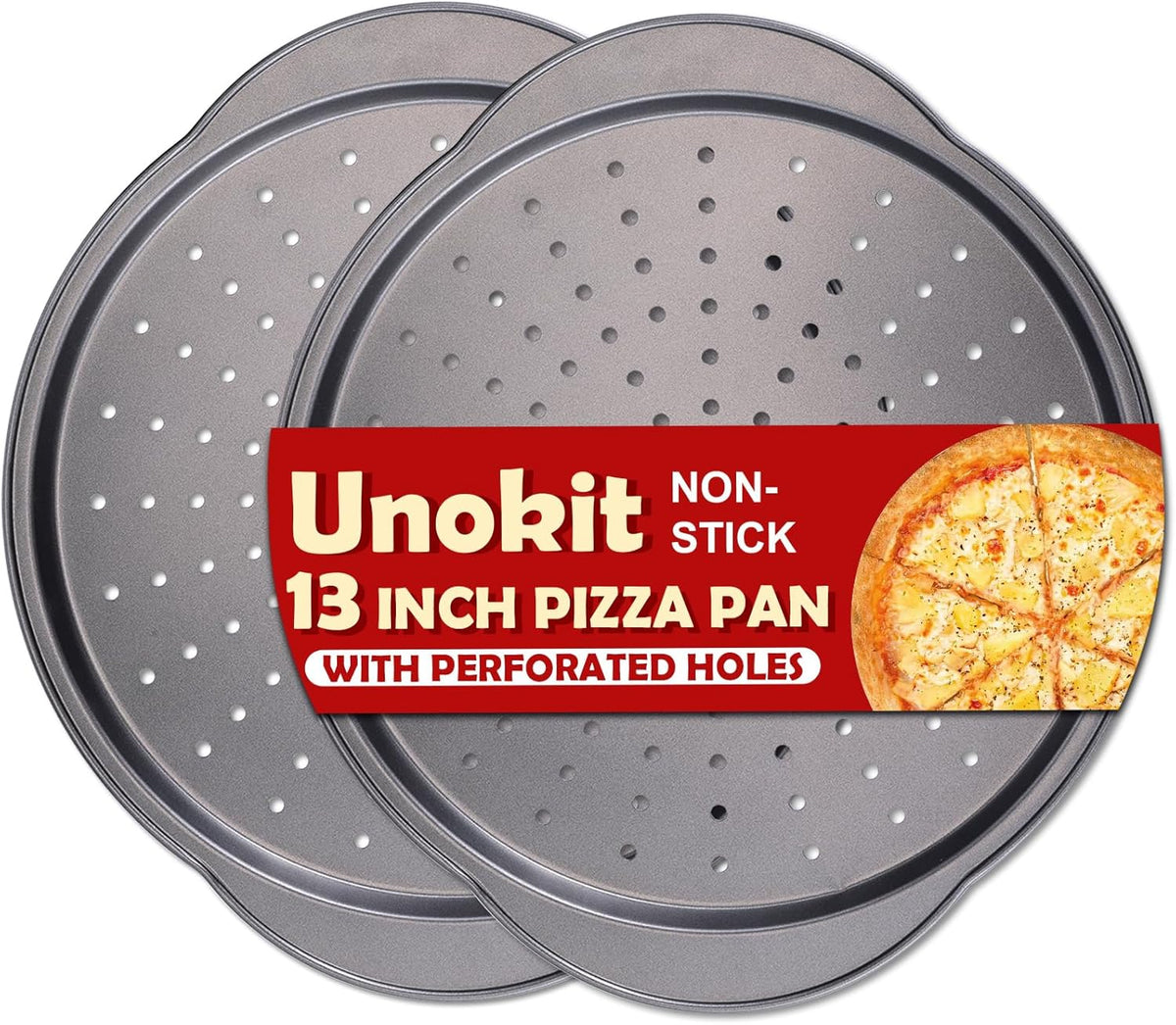 Unokit Pizza Pan for Oven - 13" 2PCS Round Carbon Steel Pizza Pan, Non-Stick Pizza Tray with Perforated Holes and Grip Handles, Dishwasher Safe, Grey