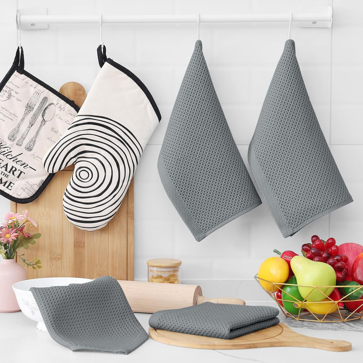 Homaxy 100% Cotton Waffle Weave Kitchen Dish Cloths, Ultra Soft Absorbent Quick Drying Dish Towels, 12 x 12 Inches, 8-Pack, Grey