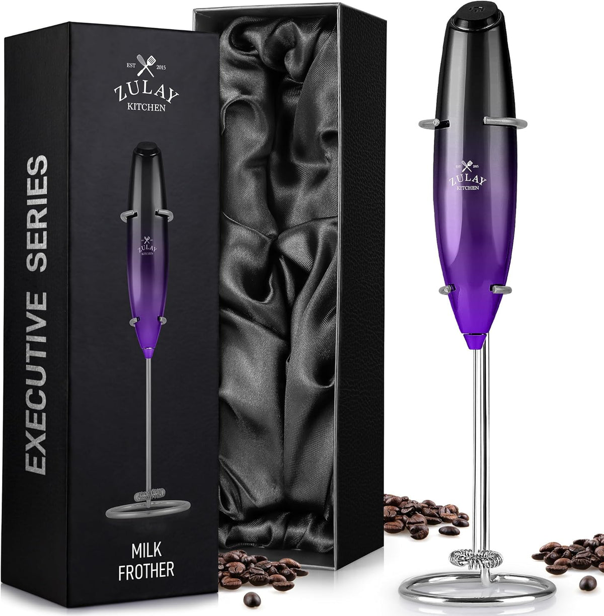 Zulay Kitchen Executive Series Milk Frother Wand - Upgraded & Improved Stand - Ideal Coffee Gift - Coffee Frother Handheld Foam Maker For Lattes - Electric Milk Frother Handheld For Cappuccino