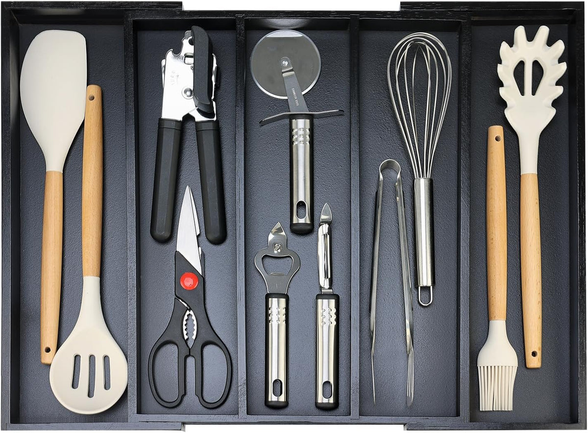 Expandable Large Kitchen Utensil Drawer Organizer Storage Black Bamboo Silverware Organizers Tray Divider Adjustable Spoon Flatware Organizer Wood Cutlery Tray Cooking Utensils Tool Holder Drawer