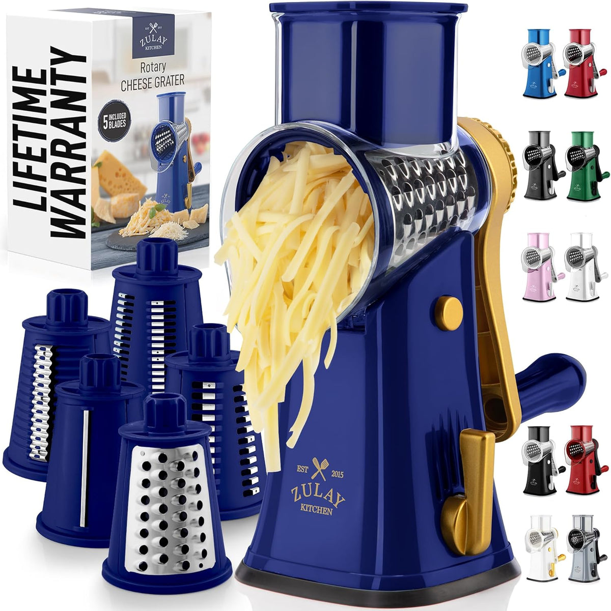 Zulay Kitchen Rotary Cheese Grater 5 Blade Cheese Shredder - Manual Hand Crank Cheese Grater With Reinforced Suction & 5 Interchangeable Drums - Easy to Use, Vegetable Chopper Round Mandoline Slicer