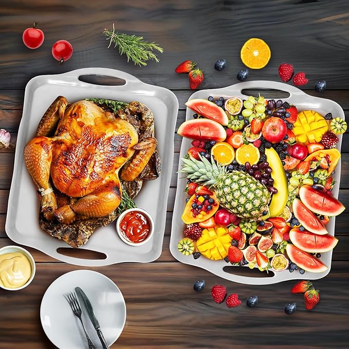 LEHAHA 17.25" x 12" Serving Trays Set of 2 White, Dinner Tray, Light Weight Easy to Clean Sturdy Stackable Melamine Serving Platter with Handle, Fruit, Snacks, and Desserts Trays.Mats Included