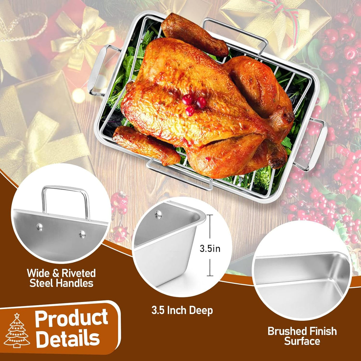 Roasting Pan with Rack for Turkey Chicken, Joyfair Stainless Steel Roaster Pan and V-rack for Toaster Oven, Rectangular Bakeware with Sturdy Handles, Heavy Duty & Dishwasher Safe (Small)