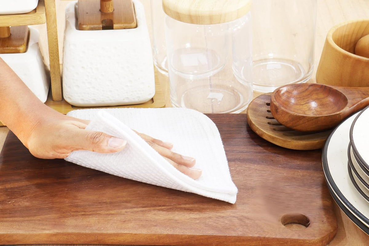 PurpleEssences Dish Cloths and Dish Rags - 8 Pack Waffle Weave Solid Kitchen Dish Wash Cloths, 100% Cotton, 12 x 12 Inches, Ultra Soft Absorbent Quick Drying - Spring Summer - White