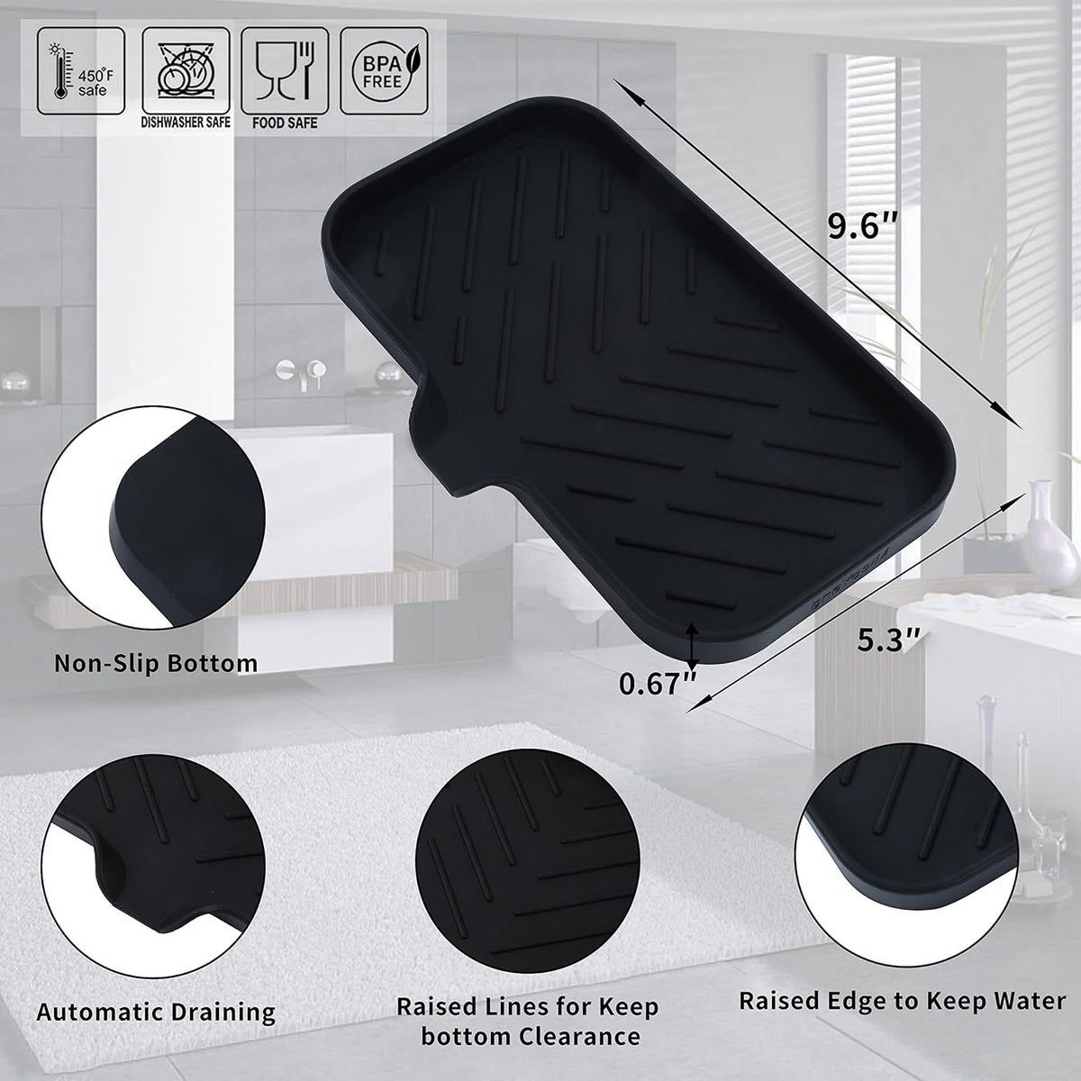 Silicone Bathroom Soap Dishes with Drain Spout-Bathroom and Kitchen Sink Organizer,Sponge Holder,Dish Soap Tray,Perfect for Dispenser,Scrubber,Bottle,Cup on Sink or Counter-Black 9.6"×5.3"