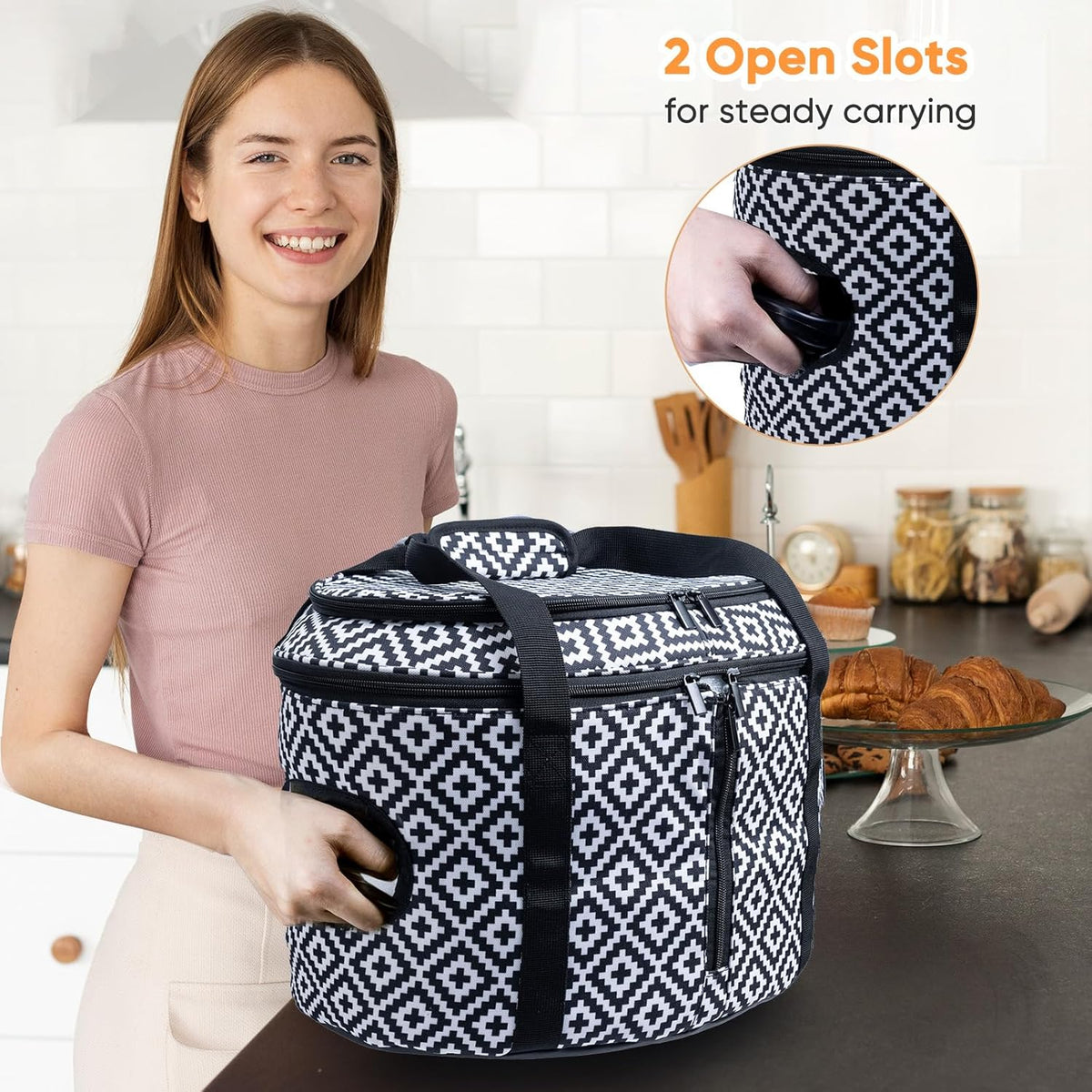 BAGSPRITE Double-layer Slow Cooker Carrying Case Compatible with 6-8 Quart Crockpot Carrier for Hot Food and Hamlton Beach Slow Cooker Tote with Lid Fastener for Crock-pot Dust Cover Applicances