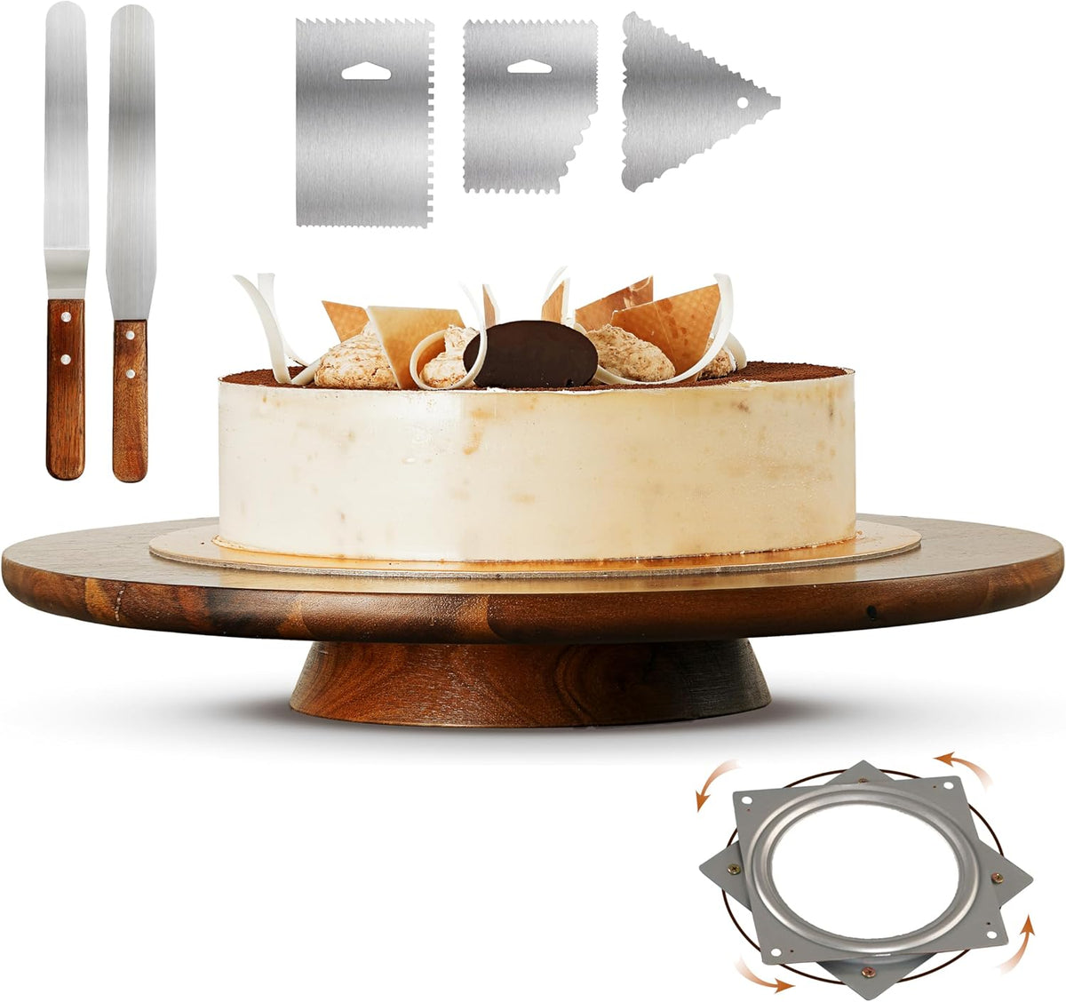 13" Acacia Cake Stand Rotating – Rustic Wood Pedestal Stands Turntable with 2 Icing Spatulas, 3 Smoothers – Wooden Spinning Cake Decorating Serving for Cupcake Dessert Display in Party, Wedding