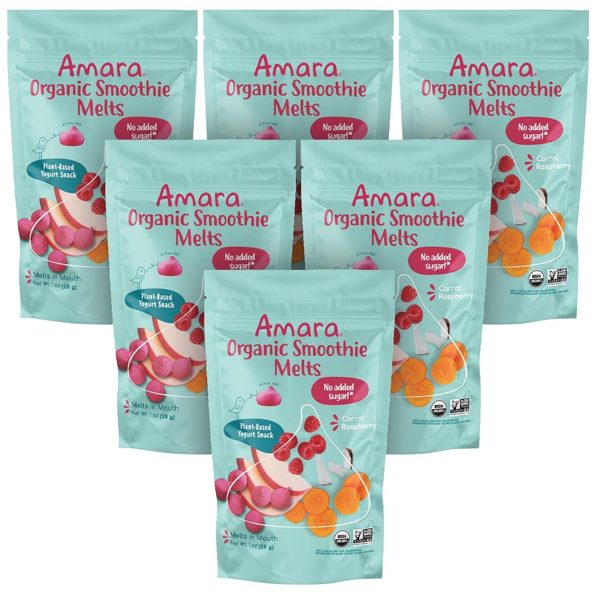 Amara Smoothie Melts - Carrot Raspberry - Baby Snacks Made With Fruits and Vegetables - Healthy Toddler Snacks For Your Kids Lunch Box - Organic Plant Based Yogurt Melts - 6 Resealable Bags