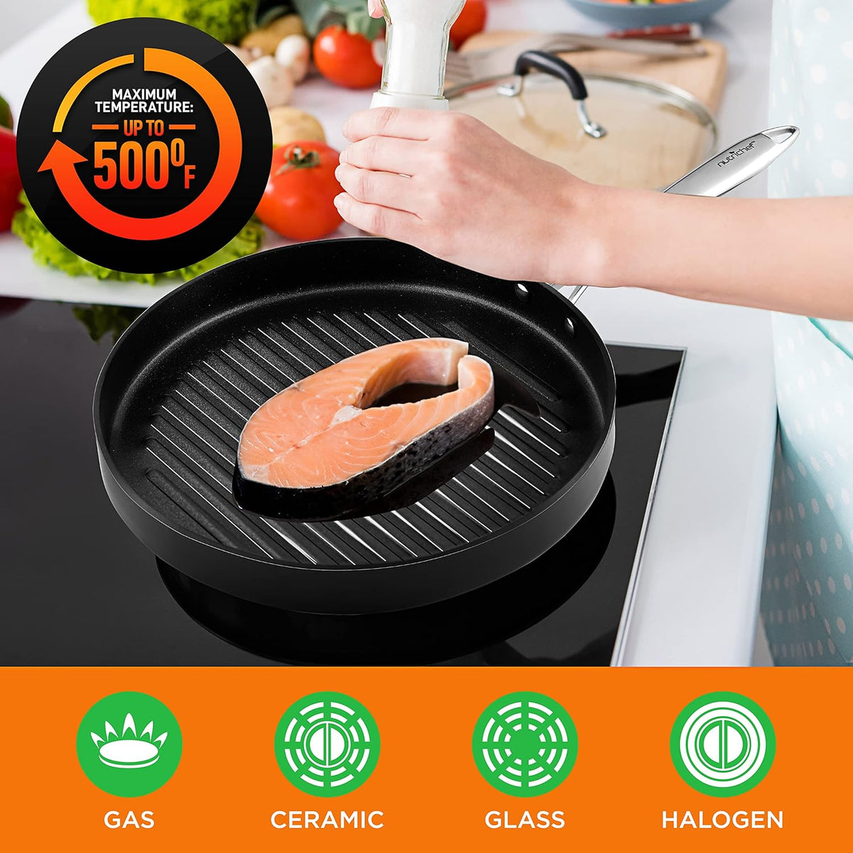 NutriChef Anodized Non-Stick Grill - Dishwasher Safe Nonstick Grill Pan Heavy Gauge Aluminum Body with Hard Anodized Surface for Even Heating, Max Temperature: 500° Fahrenheit (260° Celsius)