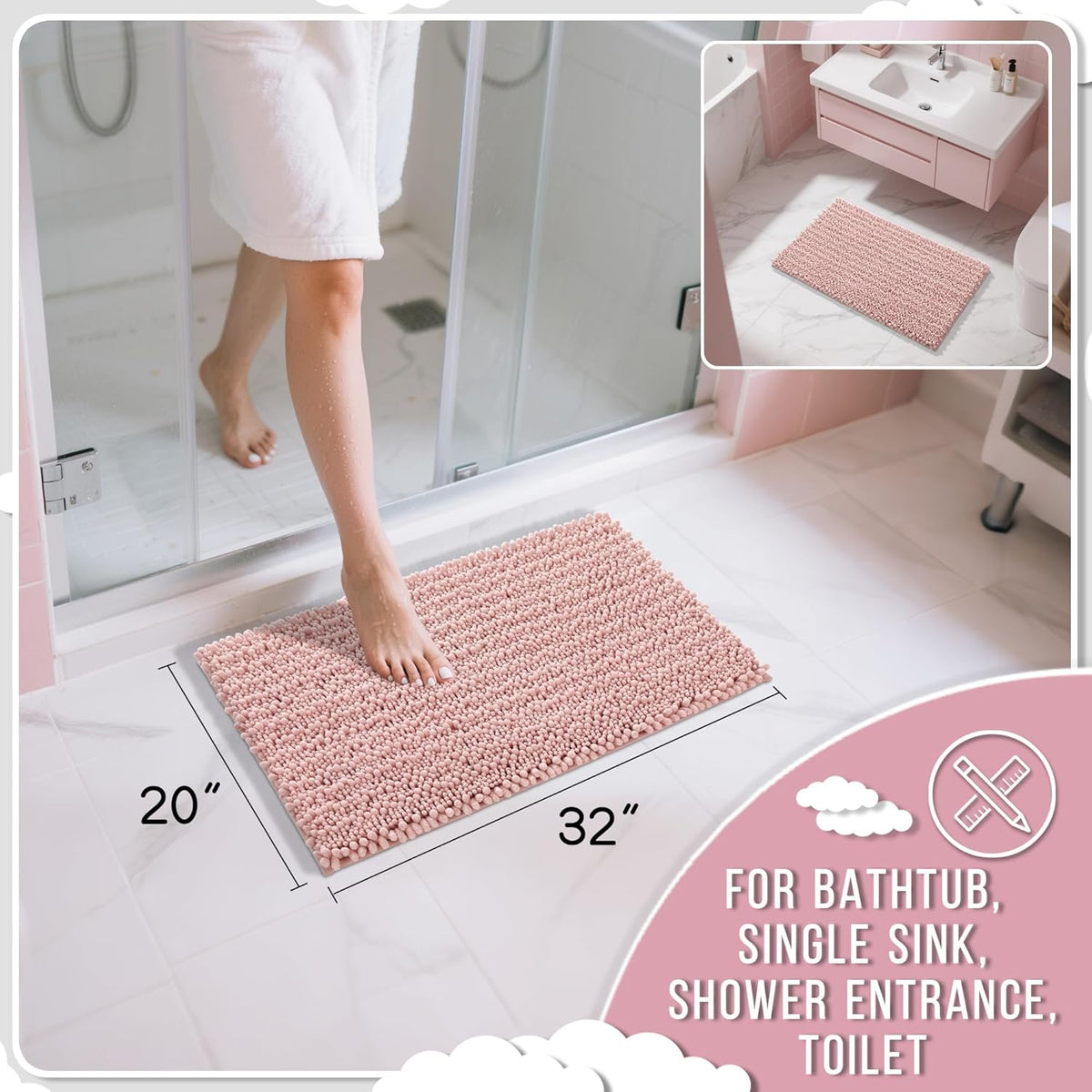 Yimobra Bathroom Rugs Non Slip Washable 32x20 Inch - Ultra Soft Absorbent Chenille Bath Mat, Quick Dry Shaggy Floor Carpet for Tub Shower, Light Pink Home Decor Accessories