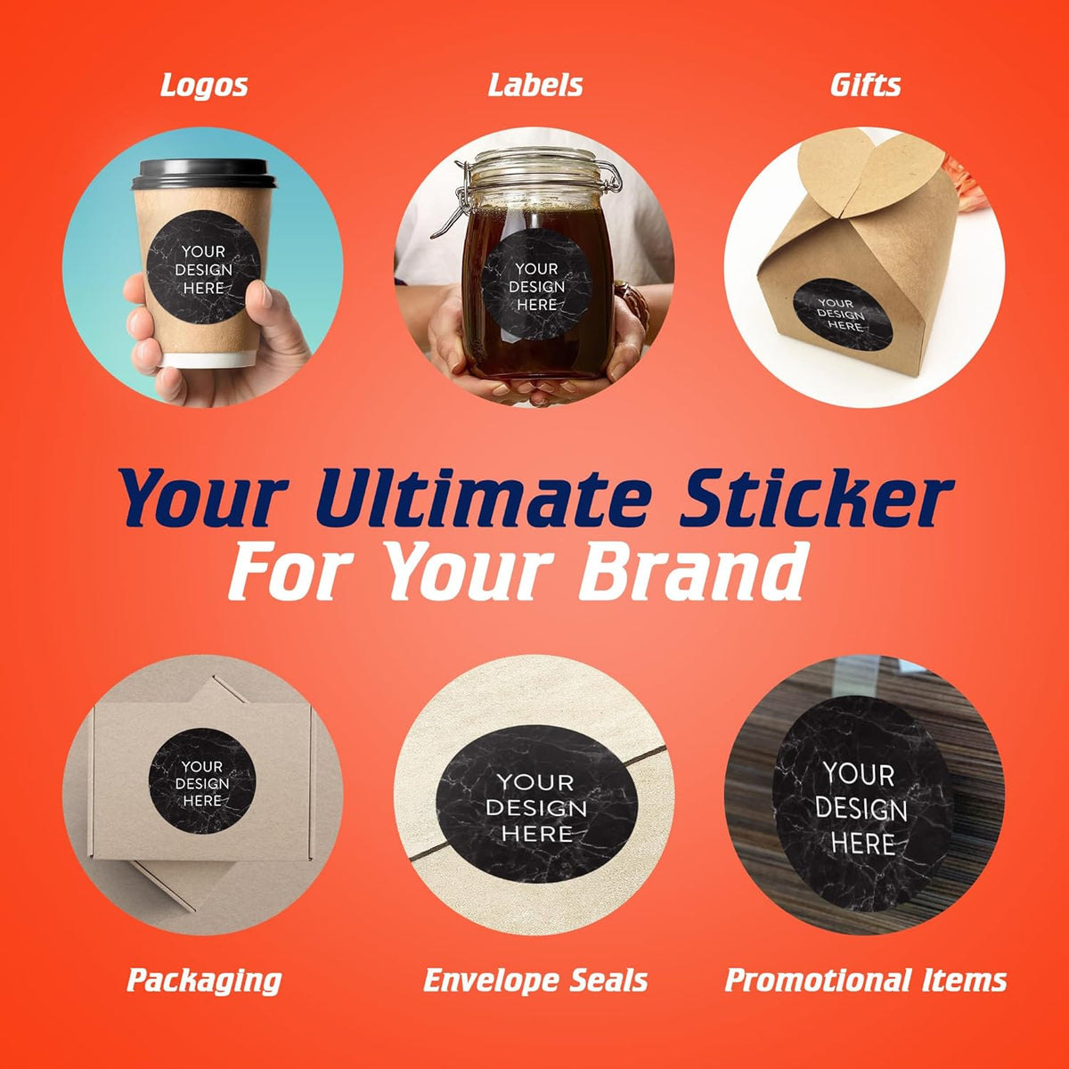100 Custom Vinyl Stickers - Upload Your own Image, Text, Design, Logo - Personalized Logo Labels for Handmade, Packaging, Bottle, Jars, Candle, Brand Stickers (Black Marble, 4x4)
