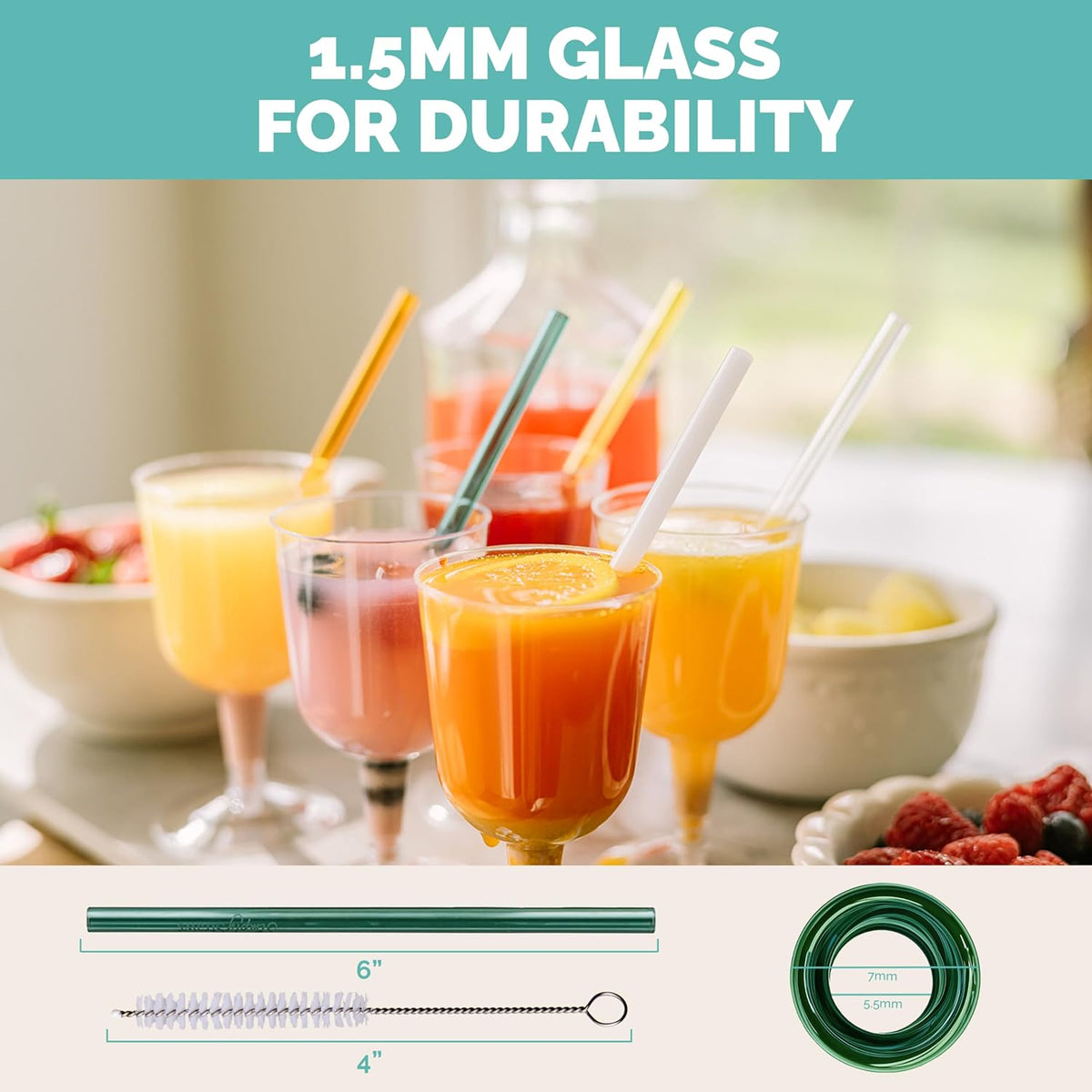 Simply Straws 6 Inch Skinny Glass Straws (6-Pack) - Reusable Cocktail Straws for Mixed Drinks, Low Balls, Coffee & Tea, with Cleaning Brush – Dishwasher Safe, Hot & Cold Use, BPA-Free (Palm)
