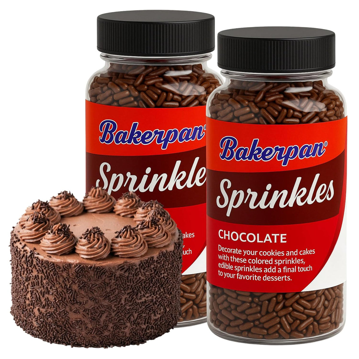 Bakerpan Chocolate Sprinkles for Cake Decorating - 2 Bottles of 4.3 Ounces Chocolate Jimmies Sprinkles for Ice Cream, Baking, Cupcakes, Cookies (Made in USA)