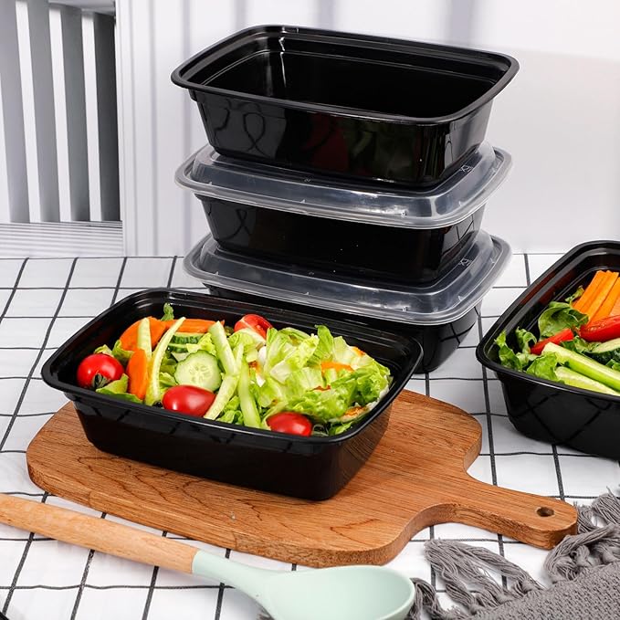 LIYH 100 Pack (200 Pcs) 32 oz Meal Prep Containers Food Storage Containers Black 1 Compartment Food Containers with Lids Lunch Boxes Plastic Bento Box Reusable Microwaveable Dishwasher Safe