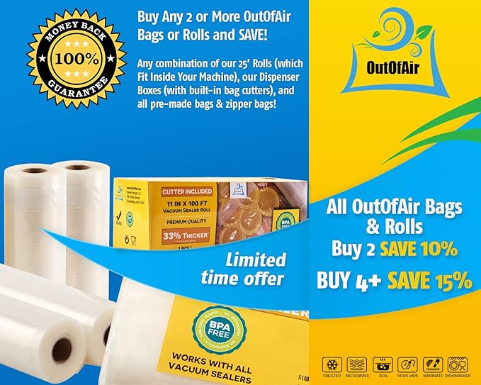 6" x 100' Mega Roll & Cutter Box Vacuum Sealer Bags Roll (No More Scissors) 4 mil 100 Foot OutOfAir, 33% Thicker, BPA Free, Sous Vide, Commercial Grade, Works with FoodSaver Sealers