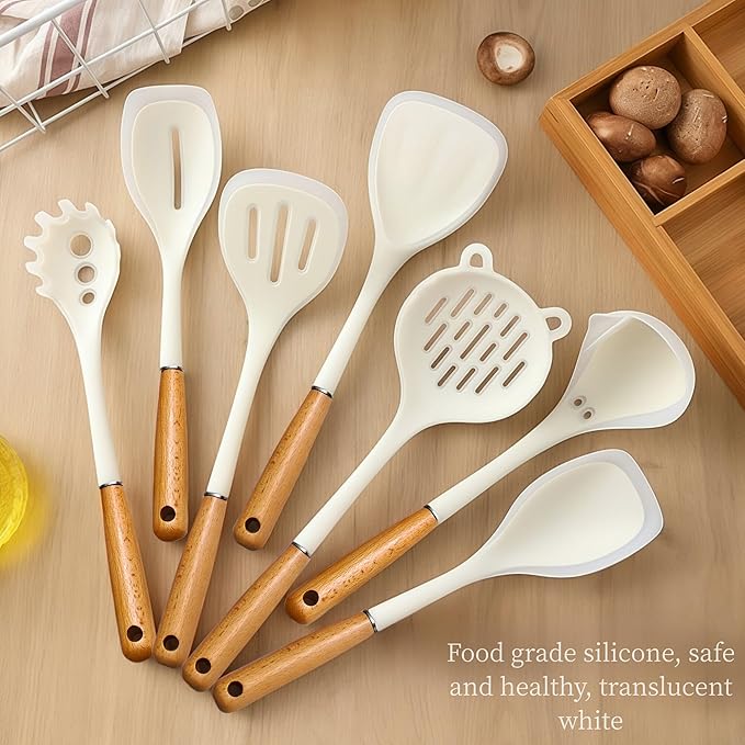 Quality Silicone Cooking Utensils Set - Non-Toxic, Heat-Resistant Kitchen Utensils Set with Food-Grade Silicone & Wood Handles - Includes Spatula & Spoon for Non-Stick Cookware, Translucent White