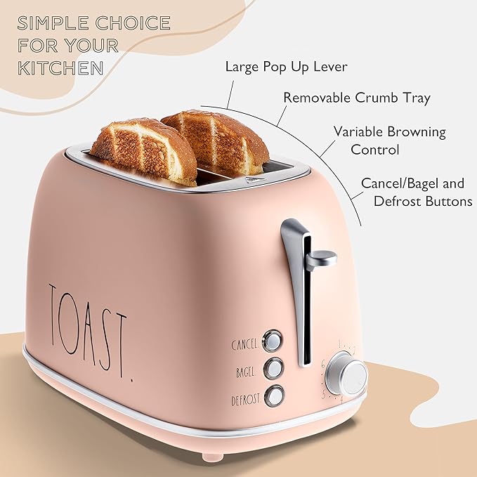 Rae Dunn Retro Rounded Bread Toaster, 2 Slice Stainless Steel Toaster with Removable Crumb Tray, Wide Slot with 6 Browning Levels, Bagel, Defrost and Cancel Options, Blush