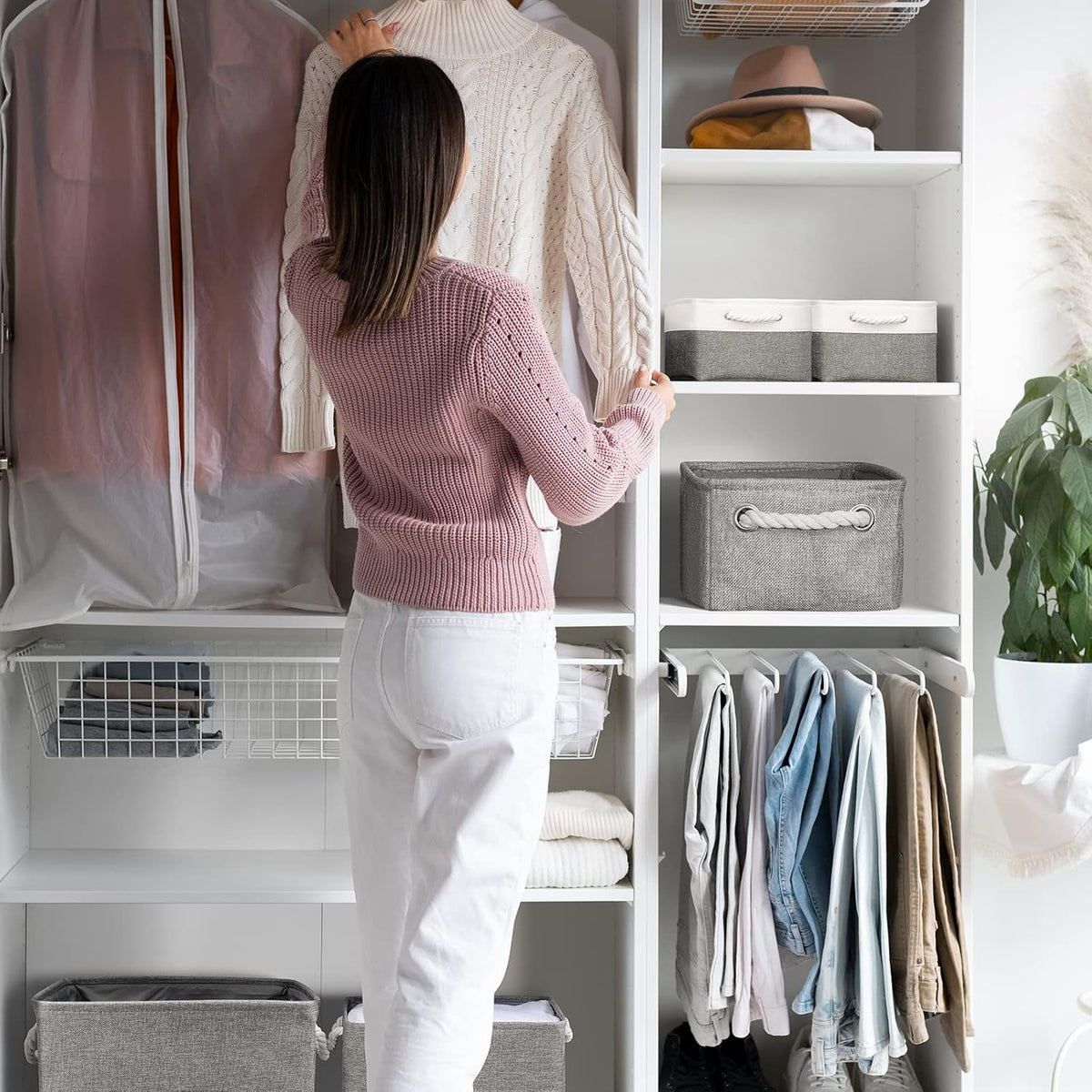 TheWarmHome Storage Bins - Medium 3 Pack Storage Baskets for Organizing Shelves | Fabric Storage Cubes Organizer for Linen Closet Nursery Home Decor Grey