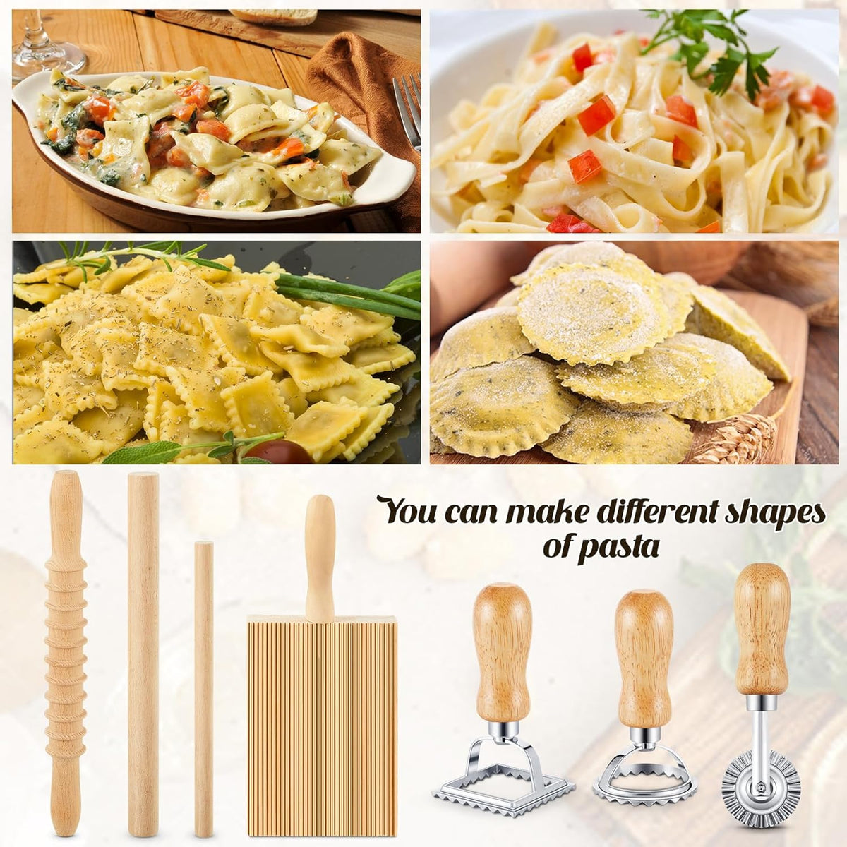 Tioncy 7 Pcs Gnocchi Pasta Making Tool, Wood Gnocchi Board with Ravioli Stamp and Rolling Pin Set Homemade Kitchen Gift for Baking Lovers(Pasta Style)