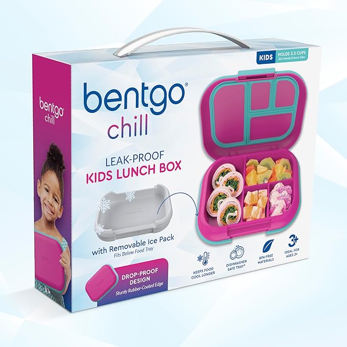 Bentgo Chill Kids Leak-Proof Lunch Box - 4-Compartment Bento Box with Built-In Ice Pack, 3.3 Cup Capacity, PFAS & BPA-Free, Microwave & Dishwasher Safe, Ideal Size for Ages 3 to 7 (Fuchsia/Teal)