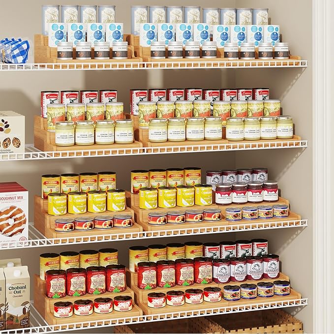 Expandable Bamboo Can Rack Organizer for Pantry, 3-Tier Adjustable Can Storage Holder, Soda Organizer Holds Up to 24 Cans, Canned goods Storage Display for Pantry, Cabinet, Countertop (patent pending)