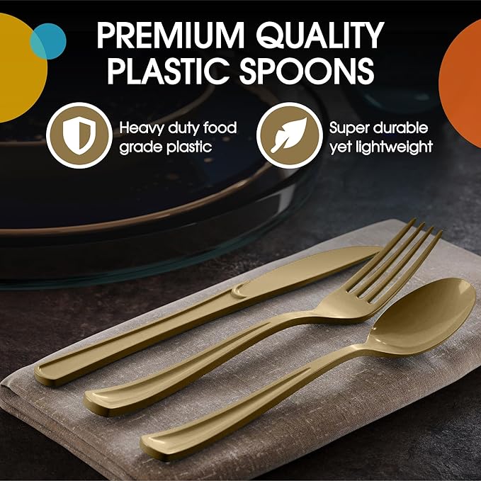 Party Solids Gold Plastic Silverware Heavy Duty 300 Pieces Gold Plastic Cutlery Sets, Utensil Sets, 100 Of Each Forks, Knives & Spoons Disposable Cutlery Set, Flatware Set For Party Supplies