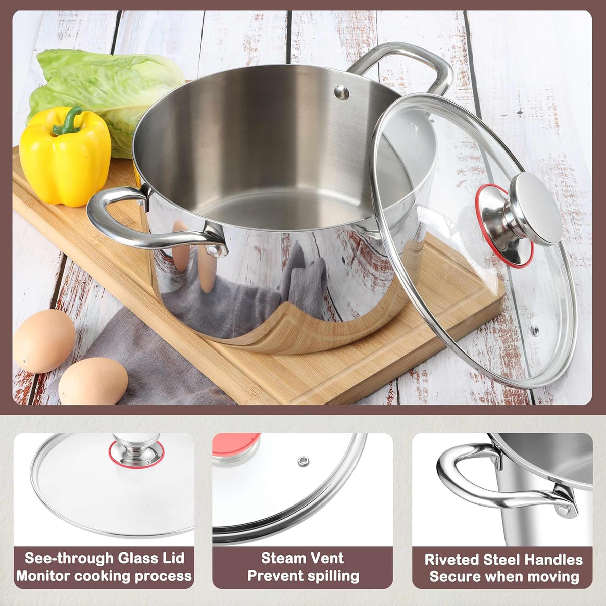 Herogo 6 Quart Stock Pot, 18/10 Stainless Steel Pasta Stockpot with Lid, 6 QT Cooking Pot with Handles, Tri-Ply Stockpot for Induction Gas Electric Stove, Dishwasher Safe