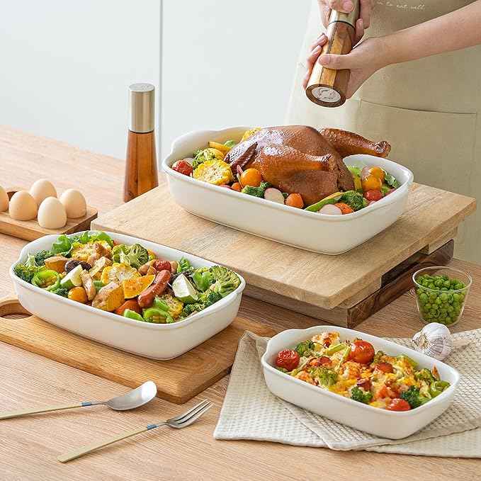 3-Pack Ceramic Baking Dishes Set,Heavy-Duty Oven-Safe Stoneware,Deep Rectangular Casserole Pans for Lasagna & Baking,High Heat Resistant,Handcrafted Glazed Finish (13.8''/12''/9.6'' Pure Off-White)