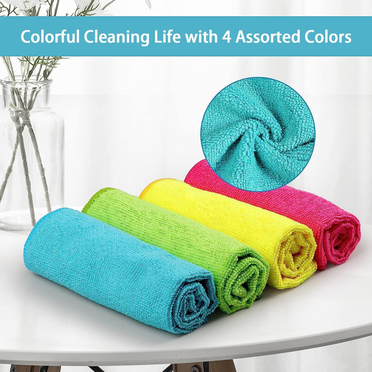 HOMEXCEL Microfiber Cleaning Cloth,150 Pack Cleaning Rags, Cleaning Towels with 4 Color Assorted,11.5"X11.5" Shop Towels (Green/Blue/Yellow/Pink)