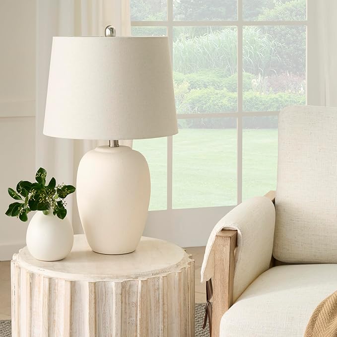Nourison Home 23" Natural White Ceramic Jar Table Lamp for Bedroom, Living Room, Dining Office, with Off-White Shade
