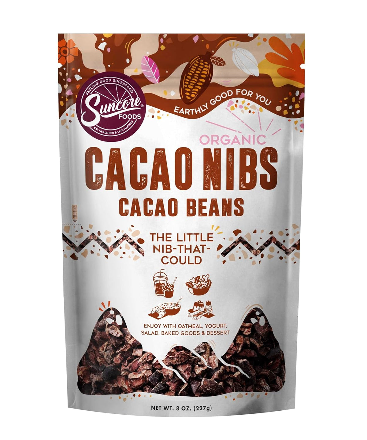 Suncore Foods Organic Cacao Nibs, Gluten-Free, Non-GMO, 8oz (1 Pack)