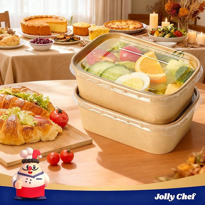 JOLLY CHEF 25 oz 50 Pack Paper Meal Prep Containers with Lids, Rectangular Disposable Food Containers, Brown Paper Bowls with Lids for Thanksgiving, Christmas, Parties
