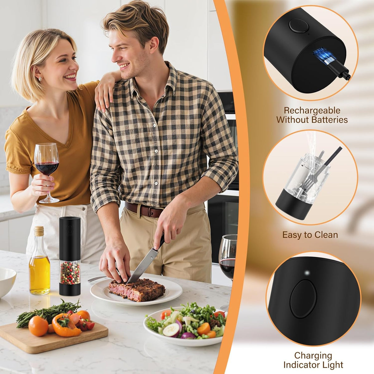 WOWBOX Electric Salt and Pepper Grinder Set 2 PCS, Automatic Coarseness, Rechargeable Salt and Pepper Shakers, Large Capacity Multifunctional, for Kitchen, Restaurant, Outdoor, BBQ (Black & White)