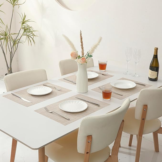 Leetaltree Beige Placemats Set of 16 - Heat Resistant Non-Slip Place mats for Dining Table, Washable Durable PVC Vinyl Woven Table Mats(Beige, 16)