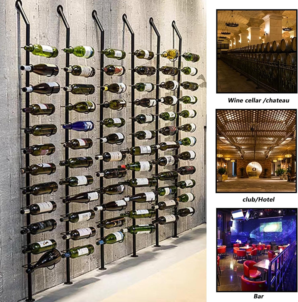 Wine Rack Wall Mounted, 72.8in High Metal Wine Bottle Holder for 12 Bottles, Kitchen Organization and Wine Storage for Commercial Restaurants Pantry Bar Wine Cellar (Black, Three rows-36 Bottles)