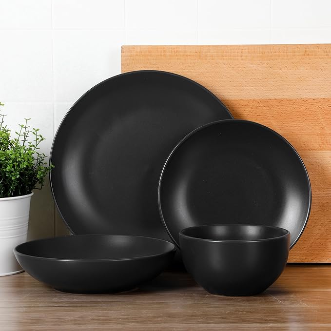 Gibson Home Queenslane 16-Piece Matte Black Stoneware Dinnerware Set – Double Bowl Plates and Bowls, Durable Kitchen Dinner Set