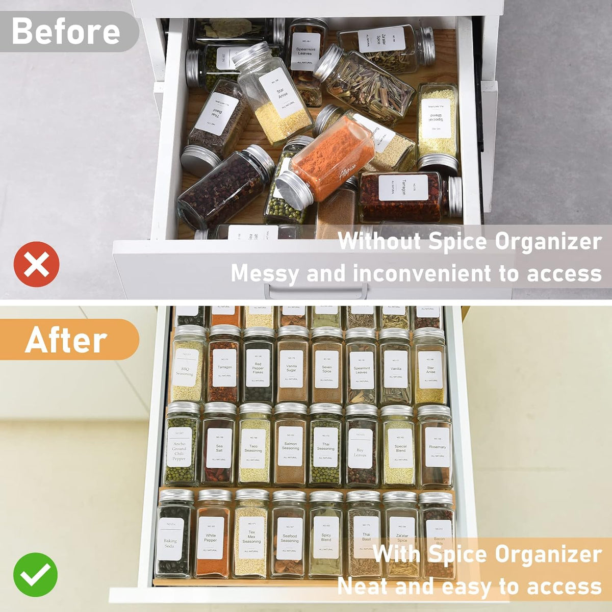 Spice Drawer Organizer with 18 Spice Jars,216 Labels,50 Non-slip Rubber, Bamboo 4 Tier Seasoning Rack Tray Insert for Kitchen Drawers,Cabinets,Countertop,9" Wide x 15.8" Deep