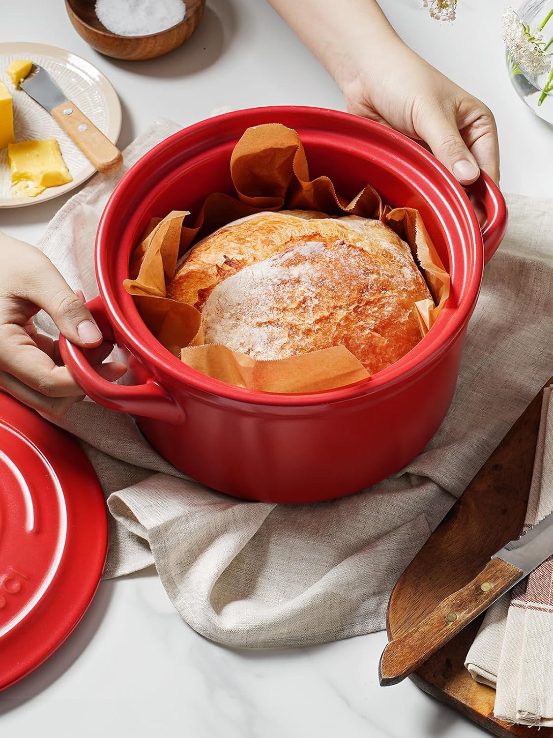 LE TAUCI 3 Quart Ceramic Dutch Oven - Lightweight, Non-Toxic, No Seasoning Needed- Oven, Microwave & Dishwasher Safe, Dutch Oven Pot with Lid for Sourdough, Soup & Stew, Chili Red
