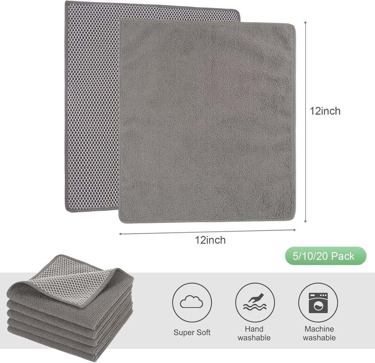 SINLAND Microfiber Dish Cloths Dish Rags for Washing Dishes Best Kitchen Washcloth Cleaning Cloths with Poly Scour Side 12Inchx12Inch 10Pack Grey