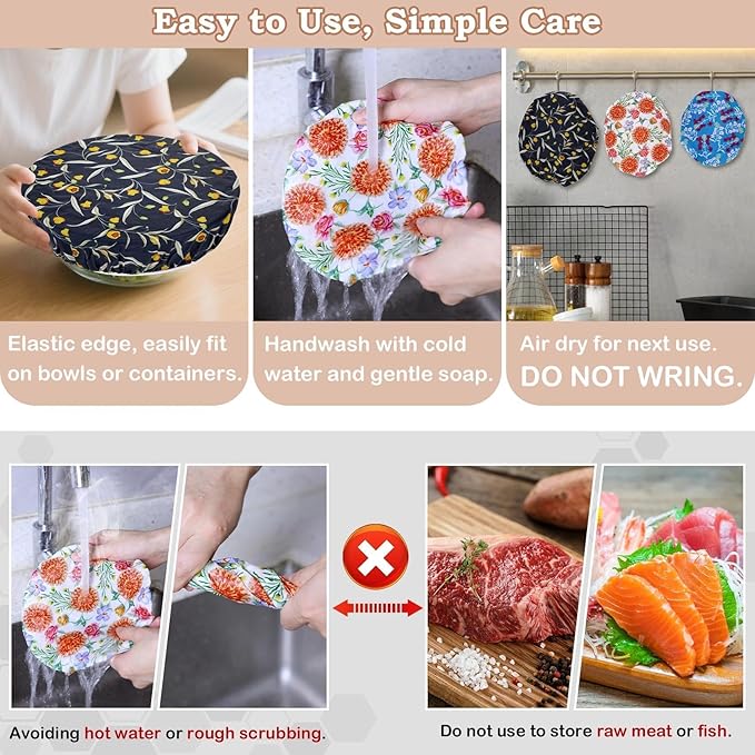 5-Size Reusable Beeswax Bowl Covers for Bread Proofing, Cotton Cloth Flexible Beeswax Wraps for Food Storage(Colorful Floral)