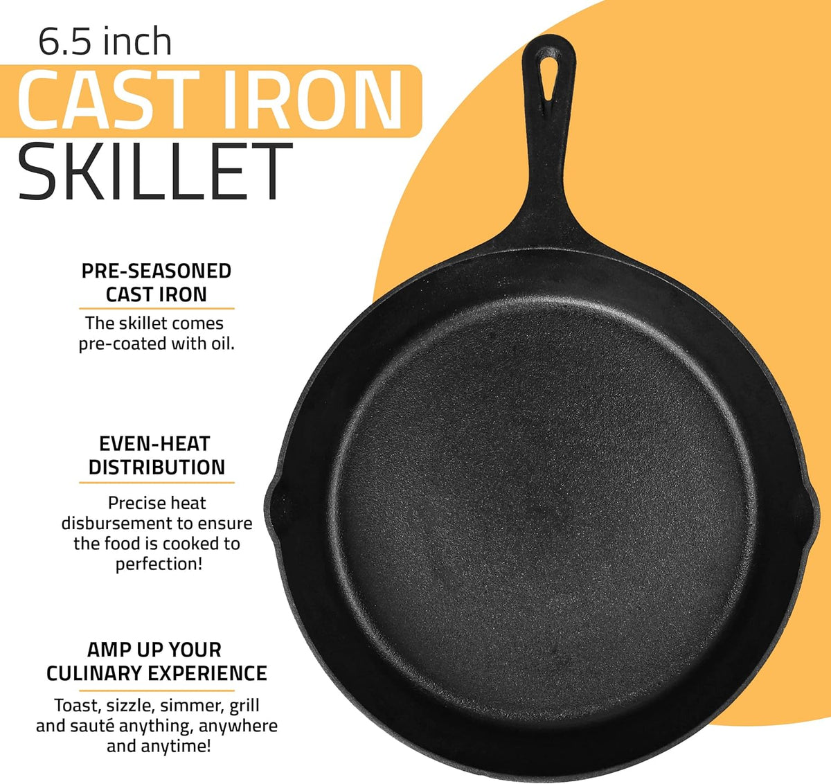 Utopia Kitchen Cast Iron Frying Pan 6.5 Inch, Cast Iron Chefs Pan, Pre Seasoned Skillet, Safe Grill Cookware for Indoor & Outdoor Use, Black